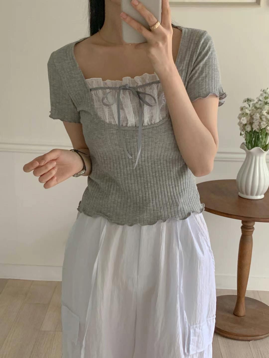 RUNWAY-OT韓國直郵東大門實拍女裝新品24秋夏熱賣T恤羅紋RUNWAY-OTT恤圖色2