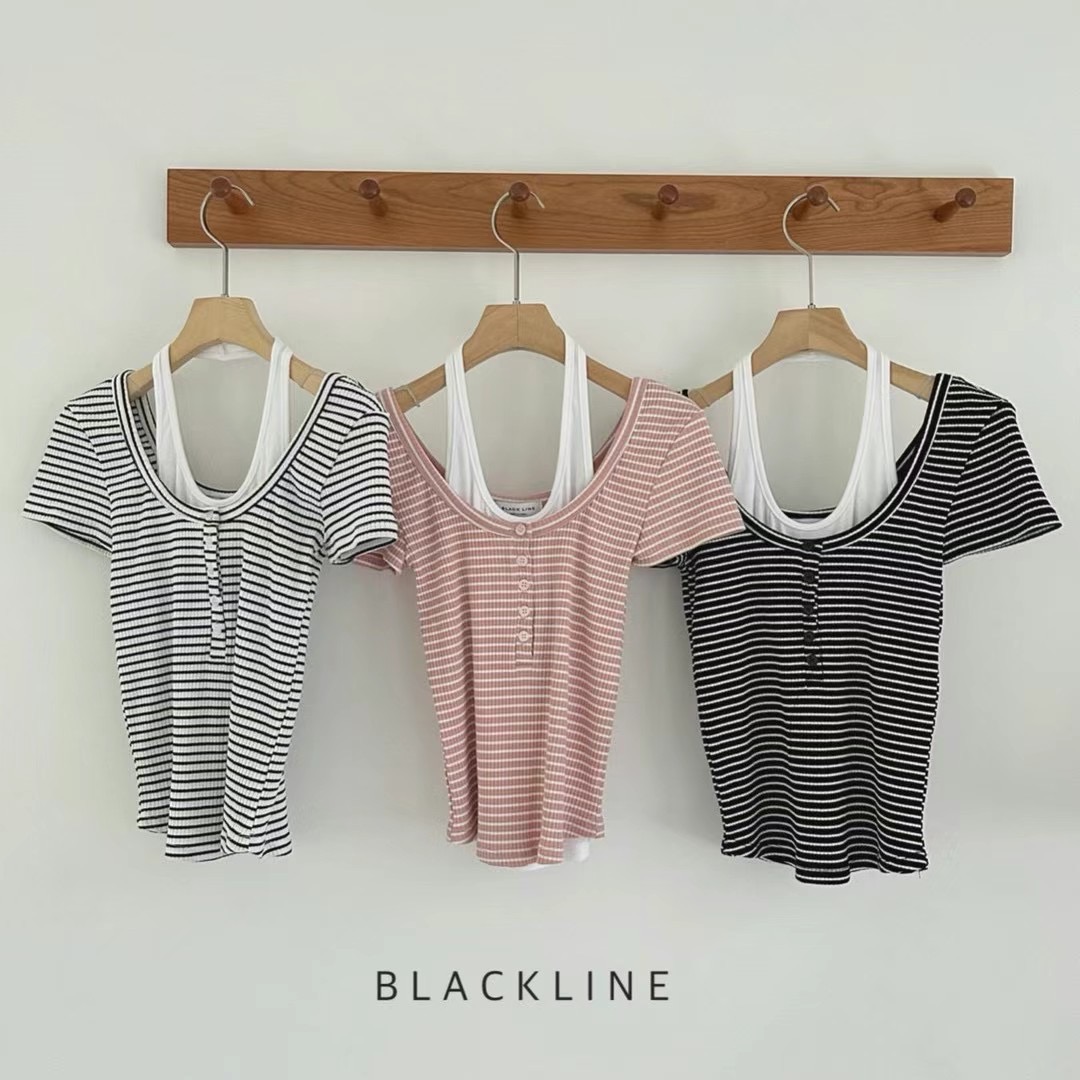 BLACK LINE直郵韓國代購女裝新品推薦人氣24春夏T恤假兩件BLACK LINET恤圖色3左三色