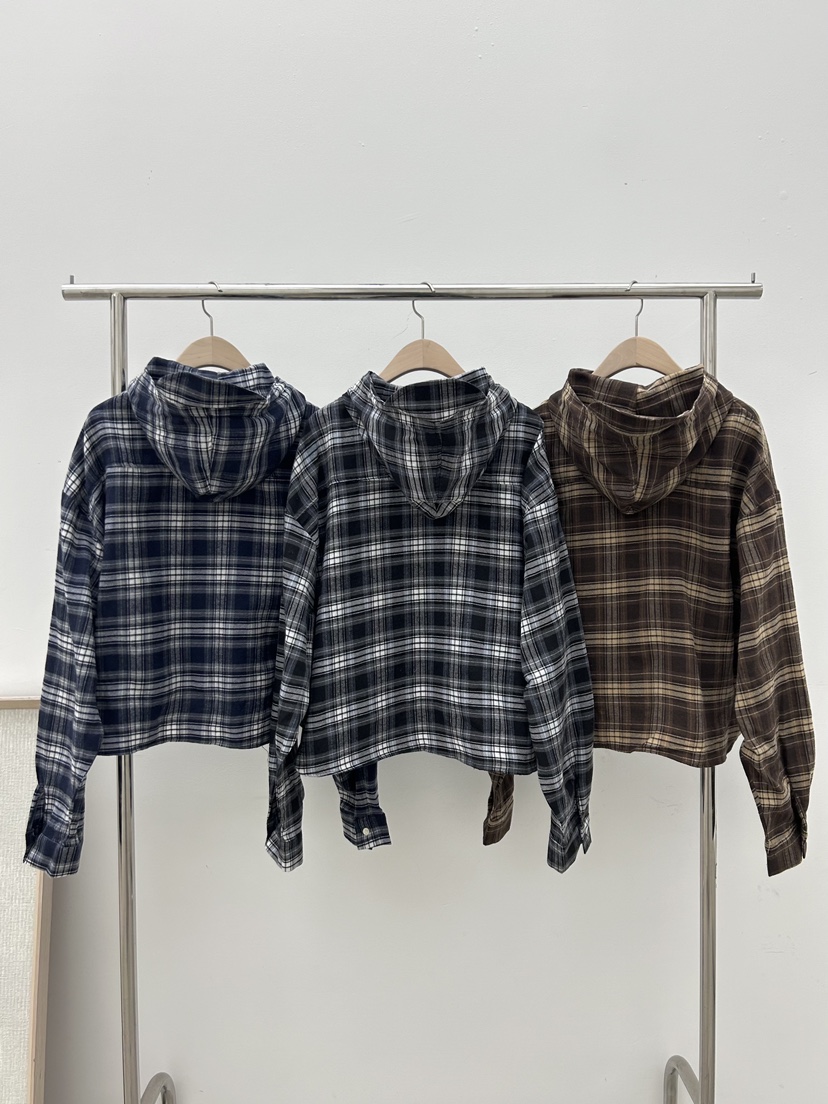 HESTORY直郵韓國代購女裝新品休閑推薦襯衫蕾絲衫格紋短款連帽HESTORY襯衫/蕾絲衫