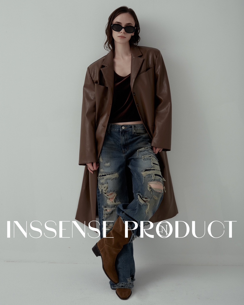 INSSENSE-A韓國直郵東大門代購女裝新款人氣中長款大衣皮革超長INSSENSE-A中長款大衣