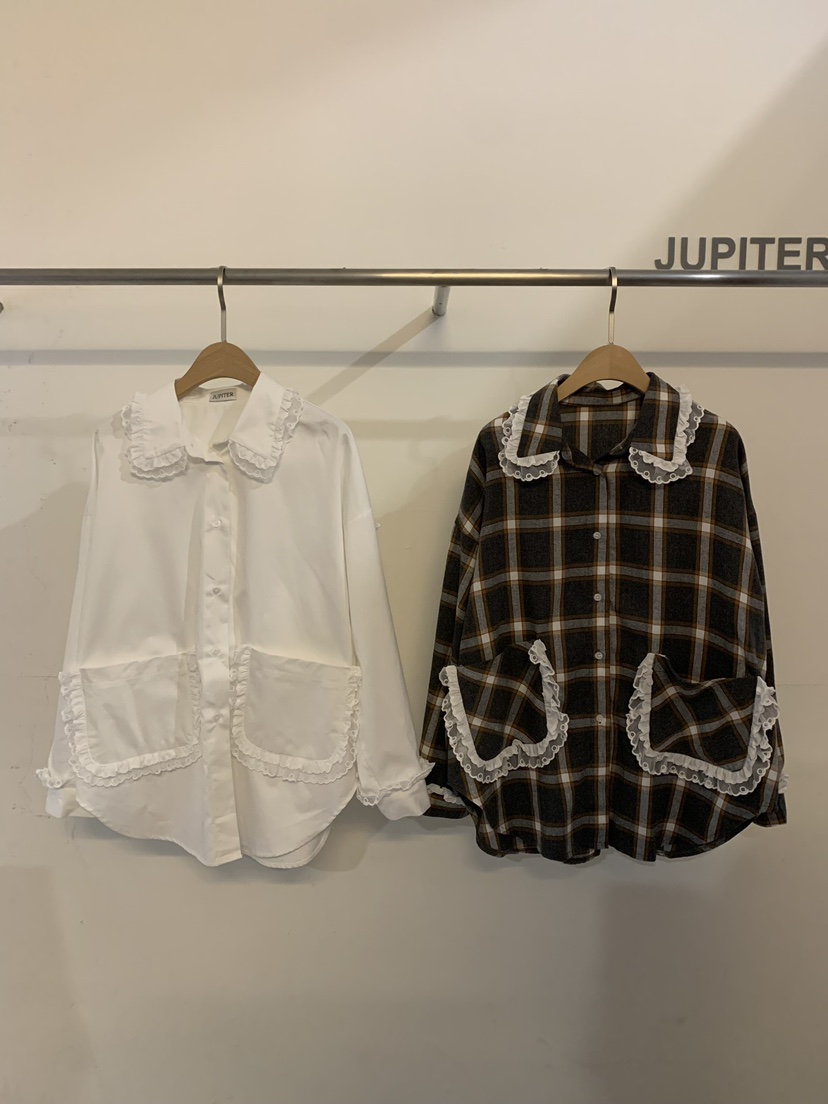 JUPITER直郵韓國代購女裝新款休閑推薦時尚襯衫蕾絲衫格紋蕾絲JUPITER襯衫/蕾絲衫