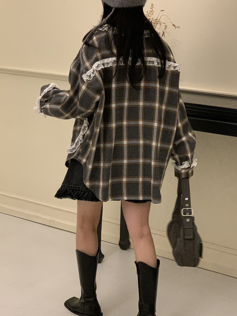 JUPITER直郵韓國代購女裝新款休閑推薦時尚襯衫蕾絲衫格紋蕾絲JUPITER襯衫/蕾絲衫