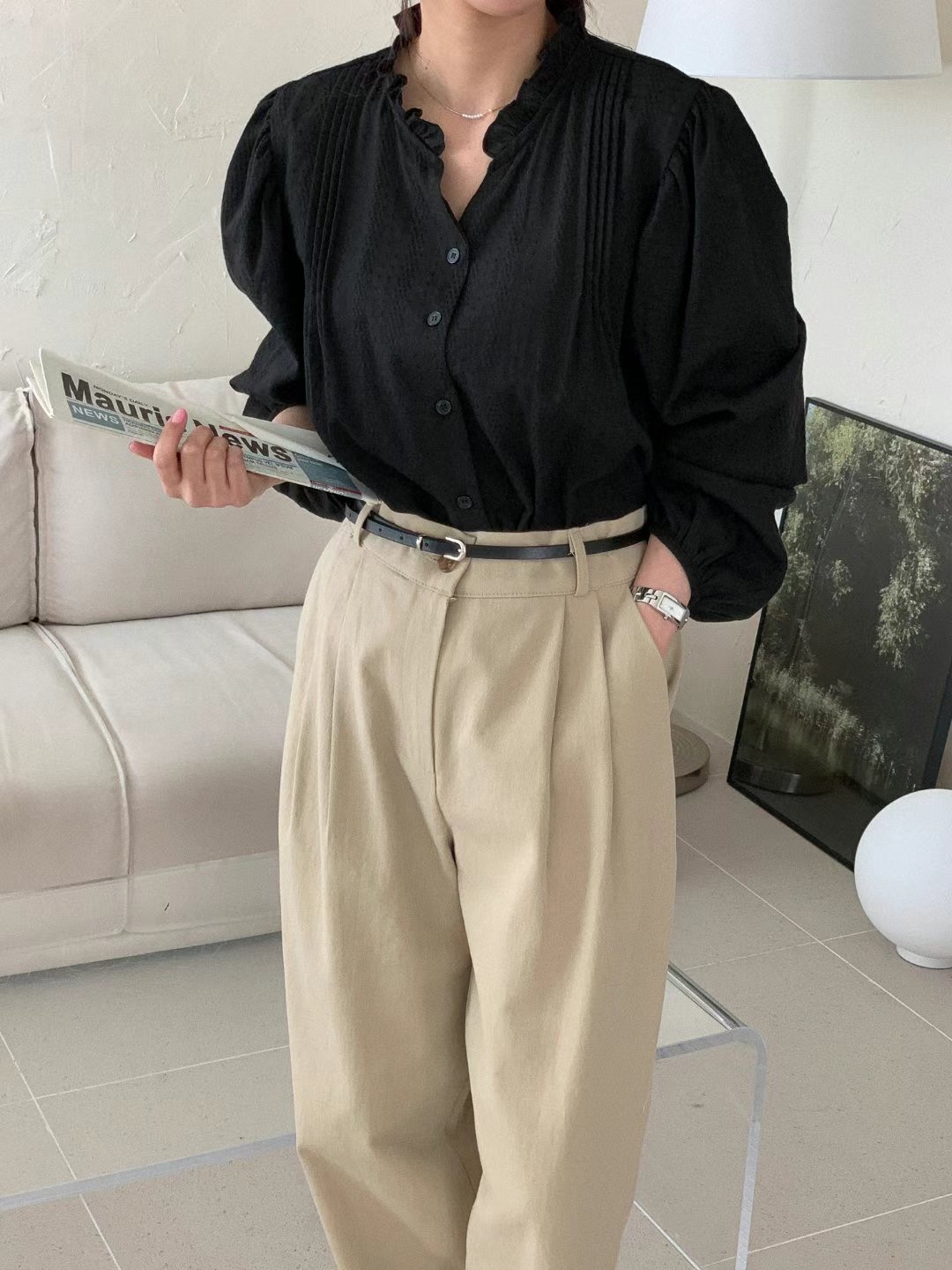 BASIC FEMME-베이직팜므-OT韓國直郵東大門實拍女裝新款時尚襯衫蕾絲衫BASIC FEMME襯衫/蕾絲衫