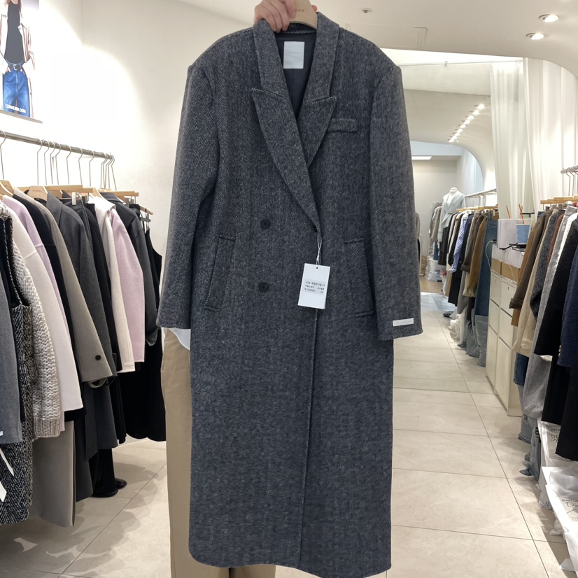 cornerbloom/3rooms直郵韓國代購女裝新款休閑中長款大衣人字紋雙層THE SUIT BAR中長款大衣