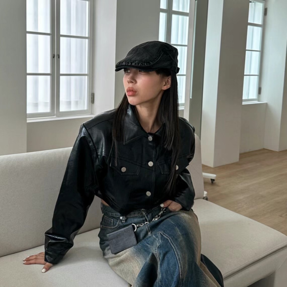 OUR HOUR直郵韓國代購女裝新品職業人氣真品夾克口袋皮革短款OUR HOUR夾克