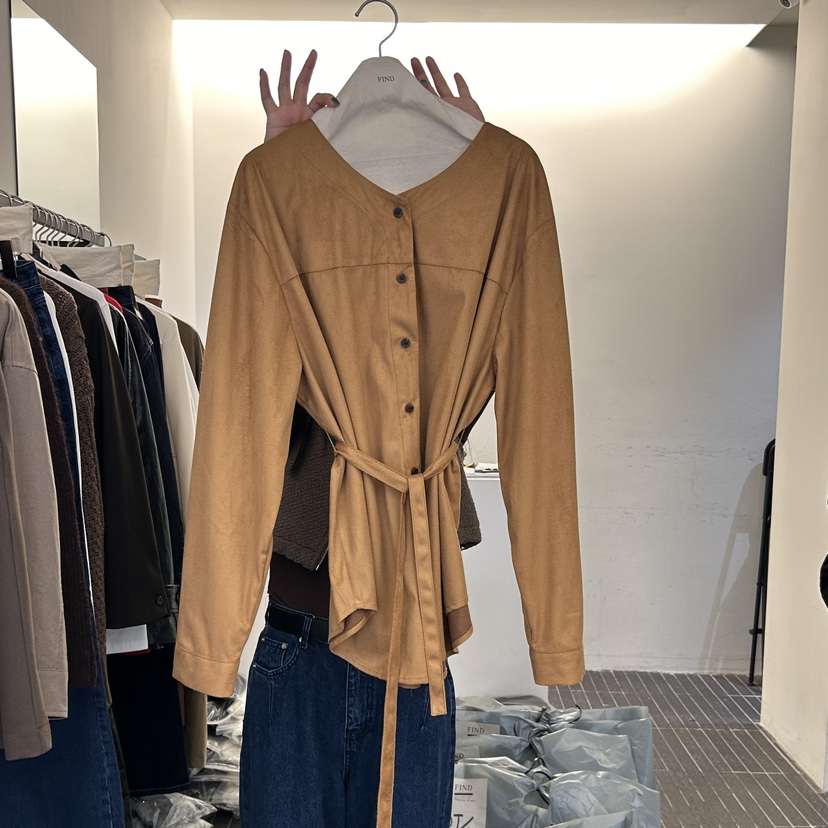 FIND-P直郵韓國代購女裝新品24秋冬時尚襯衫蕾絲衫絨面革FIND-P襯衫/蕾絲衫圖色2