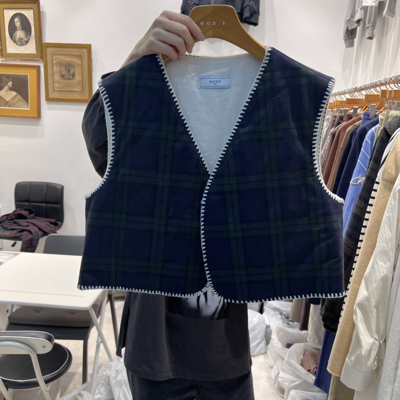 MODS-Q韓國直郵東大門實拍女裝新品真品24秋冬馬甲刺繡格紋MODS-Q馬甲圖色1