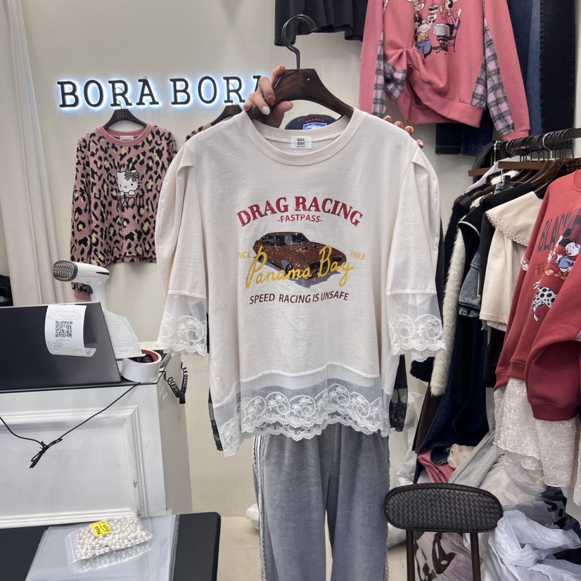 BORA BORA韓國直郵女裝新品真品熱賣休閑人氣時尚24秋冬T恤蕾絲BORA BORAT恤圖色1