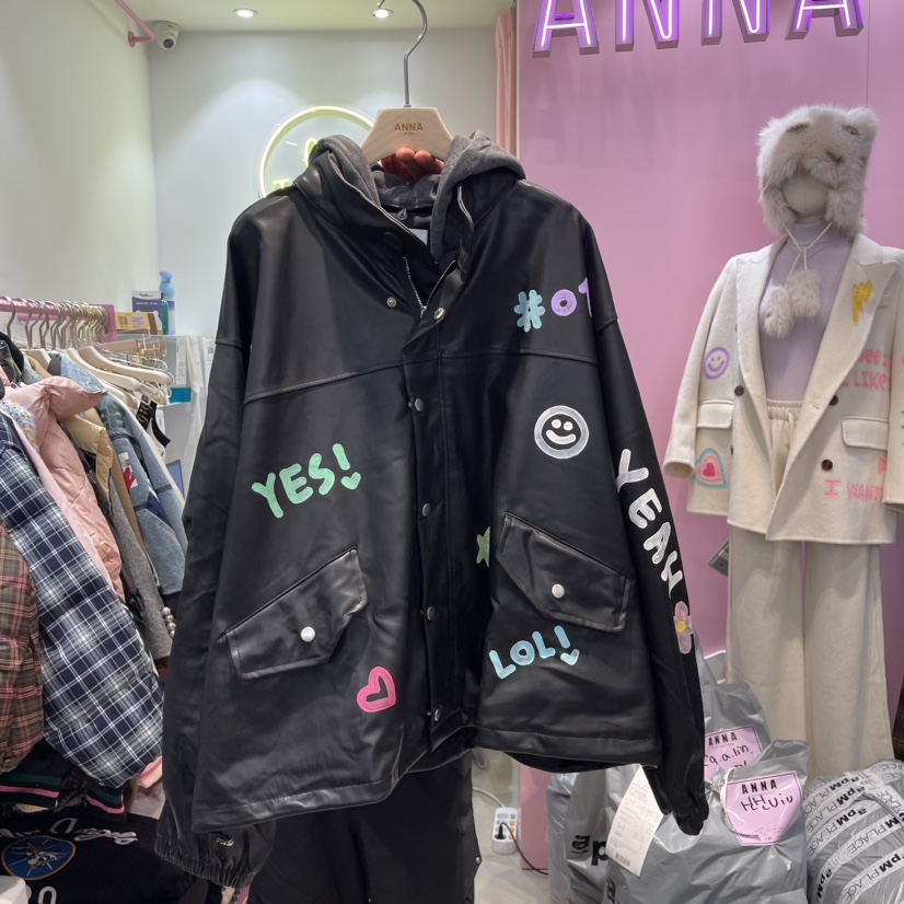 ANNA韓國直郵東大門代購女裝新品人氣時尚24秋冬夾克皮革連帽ANNA夾克圖色1