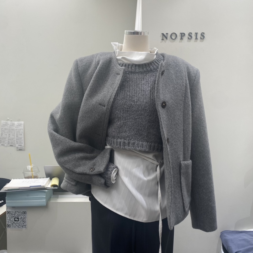 NOPSIS韓國直郵東大門代購女裝新品熱賣職業24秋冬短款大衣羊毛NOPSIS短款大衣圖色2