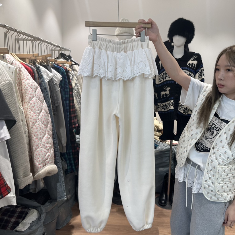 DELICIOUS韓國直郵東大門代購女裝新款休閑真品休閑褲加絨蕾絲NOVUS休閑褲