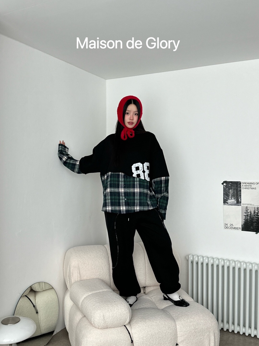 MAISON DE GLORY直郵韓國代購女裝新品人氣推薦休閑衛衣格紋MAISON DE GLORY衛衣