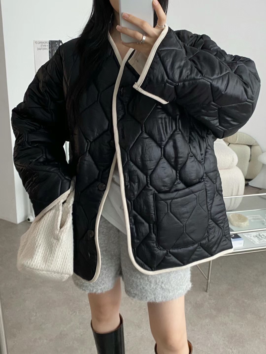 UNPLAN韓國直郵東大門實拍女裝新款時尚休閑真品短款棉服絎縫UNPLAN短款棉服圖色2