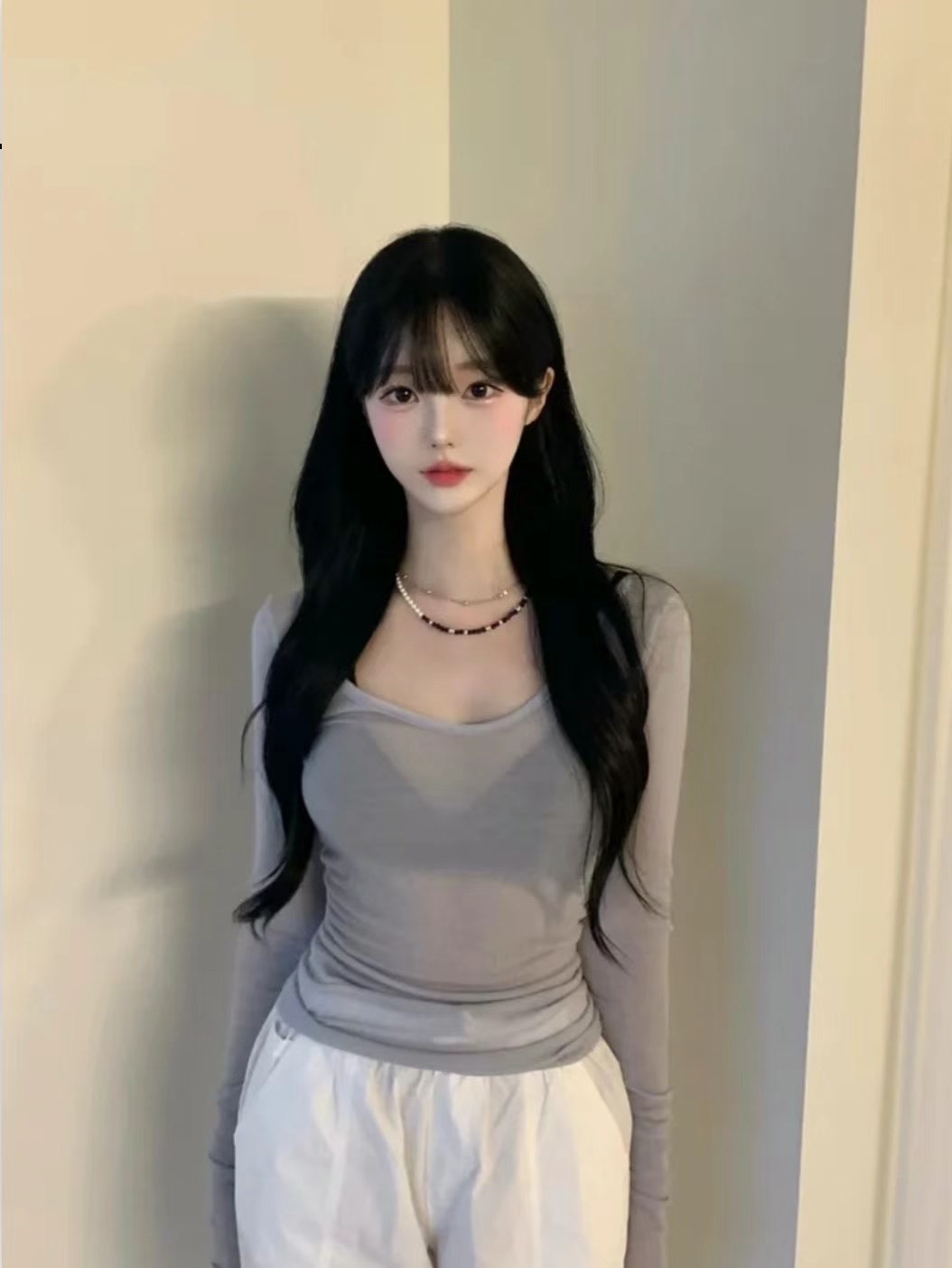 IMMENSE韓國直郵東大門實拍女裝新款熱賣職業長袖T恤透視羅紋IMMENSE長袖T恤