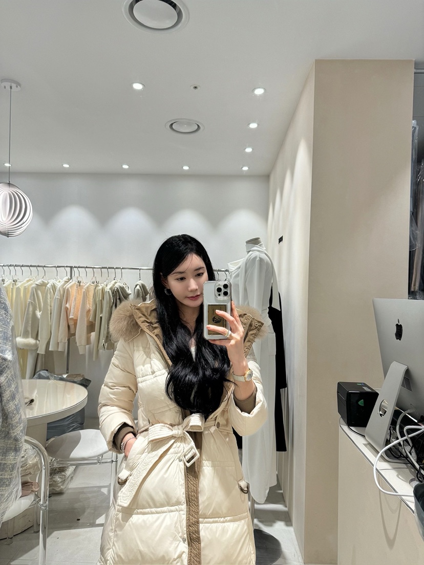 LAFFINE-P韓國直郵東大門實拍女裝新款職業長款羽絨服含腰帶鴨毛鴨絨LAFFINE-P長款羽絨服