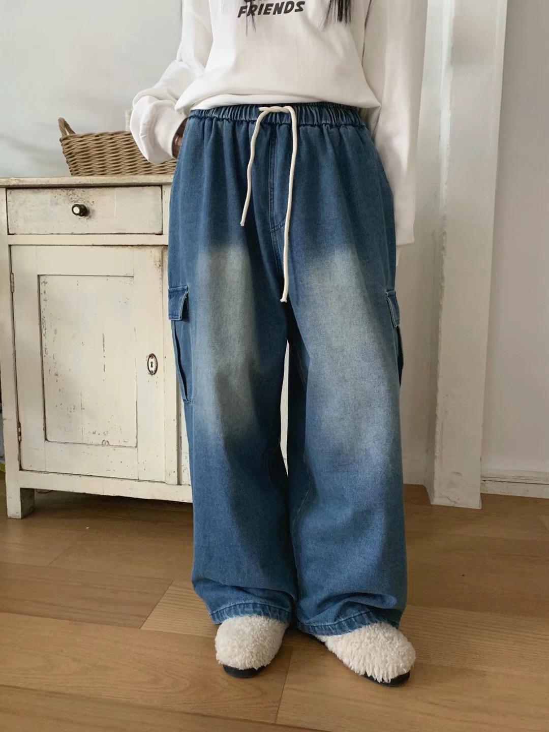 WHERELL韓國直郵女裝新款休閑時尚真品職業24秋冬牛仔褲工裝GROW-WHERELL牛仔褲