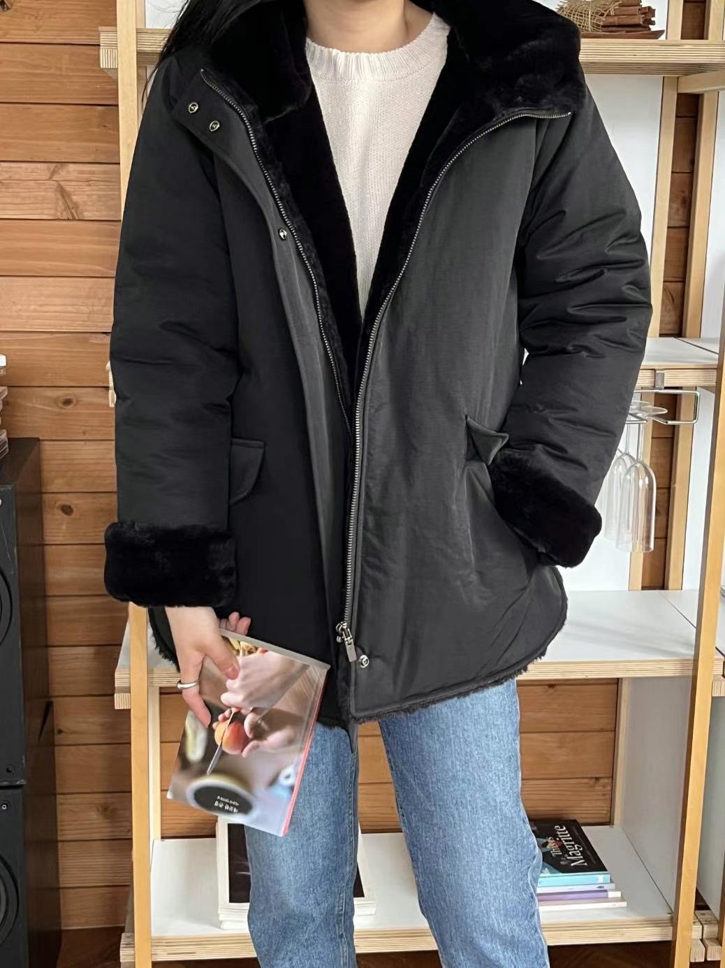 MU 뮤-T韓國代購女裝新品熱賣25春夏短款大衣毛皮加絨填充MU 뮤-T短款大衣