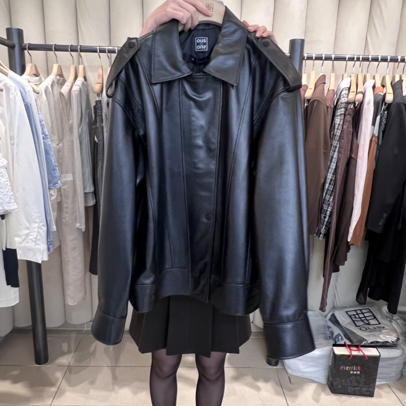 OUS/INCH-L直郵韓國代購女裝新品熱賣人氣皮衣小羊皮春款OUS/INCH皮衣