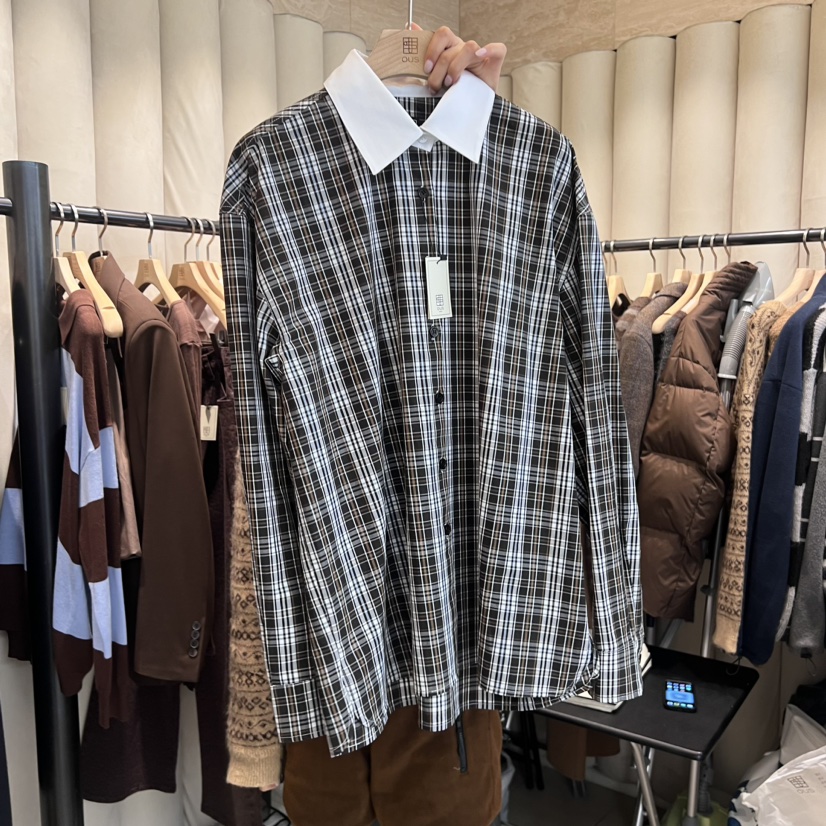 OUS/INCH-L韓國直郵東大門代購女裝新品職業襯衫蕾絲衫春款格子OUS/INCH襯衫/蕾絲衫