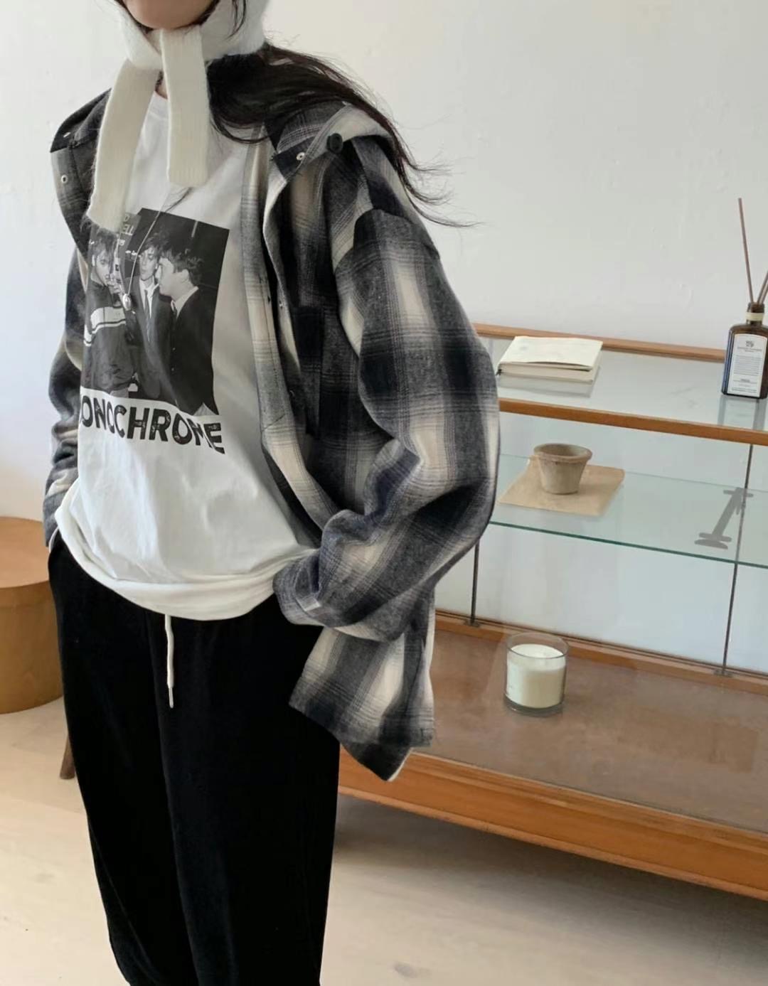 GAMGAK韓國直郵女裝新款25春夏時尚真品襯衫蕾絲衫格紋兜帽GAMGAK襯衫/蕾絲衫