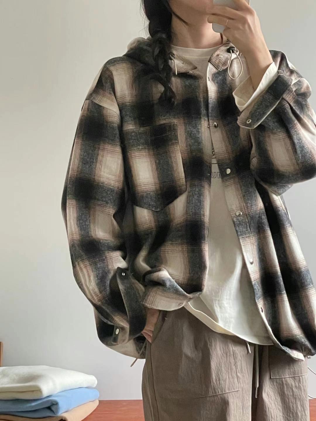 GAMGAK韓國直郵女裝新款25春夏時尚真品襯衫蕾絲衫格紋兜帽GAMGAK襯衫/蕾絲衫