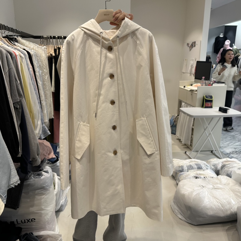 BREAD直郵韓國代購女裝新品時尚休閑職業25春夏長款風衣連帽BREAD長款風衣