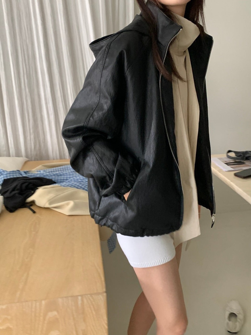 TORRE直郵韓國代購女裝新款人氣真品休閑推薦25春夏皮衣皮革兜帽TORRE皮衣
