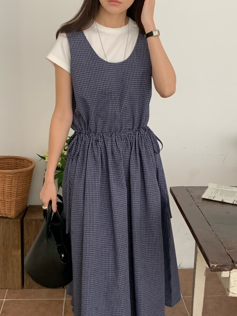 FRILL-T韓國直郵東大門代購女裝新品時尚職業連衣裙格紋長款FRILL-T連衣裙
