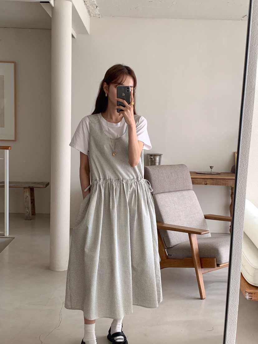 FRILL-T韓國直郵東大門代購女裝新品時尚職業連衣裙格紋長款FRILL-T連衣裙