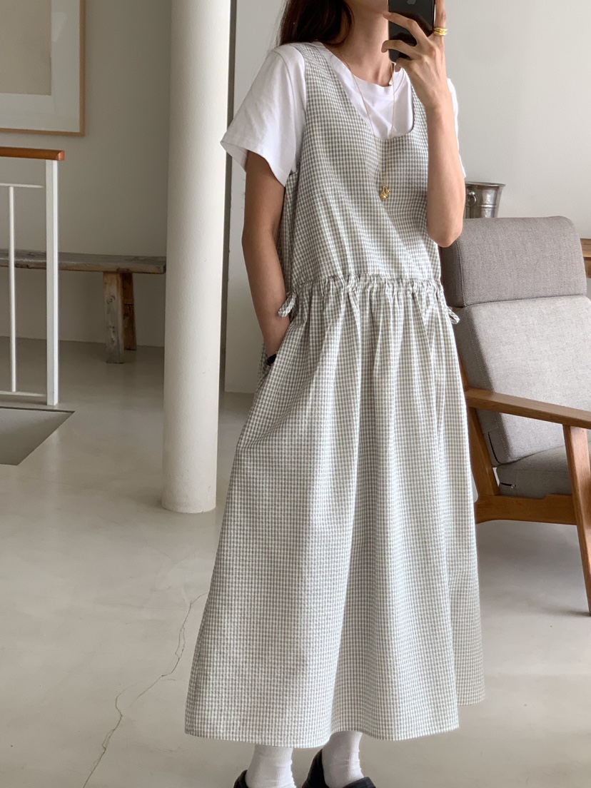 FRILL-T韓國直郵東大門代購女裝新品時尚職業連衣裙格紋長款FRILL-T連衣裙