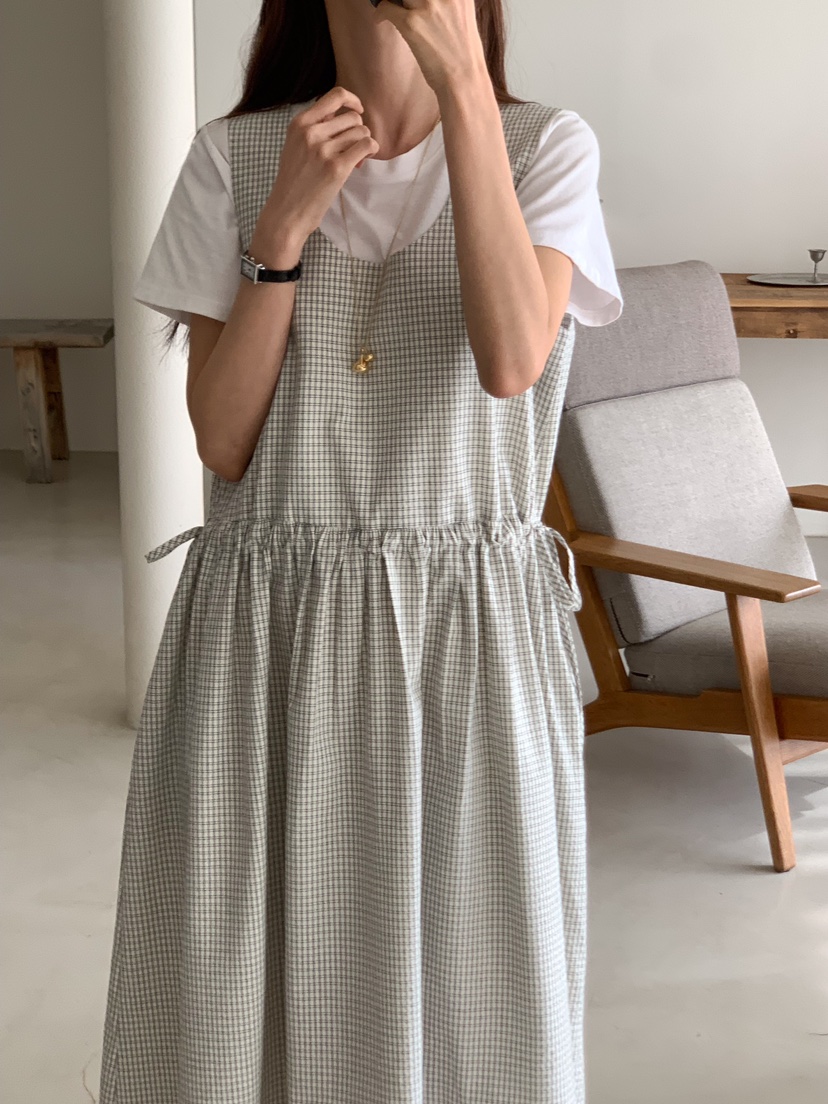 FRILL-T韓國直郵東大門代購女裝新品時尚職業連衣裙格紋長款FRILL-T連衣裙