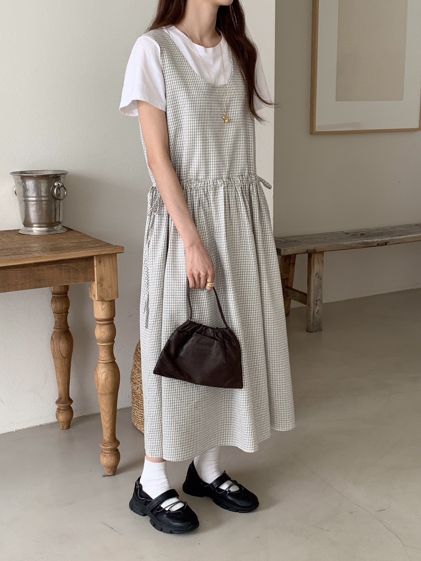 FRILL-T韓國直郵東大門代購女裝新品時尚職業連衣裙格紋長款FRILL-T連衣裙