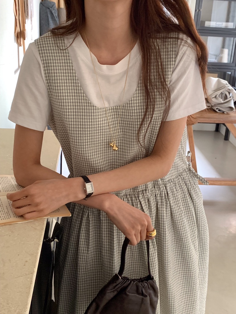 FRILL-T韓國直郵東大門代購女裝新品時尚職業連衣裙格紋長款FRILL-T連衣裙
