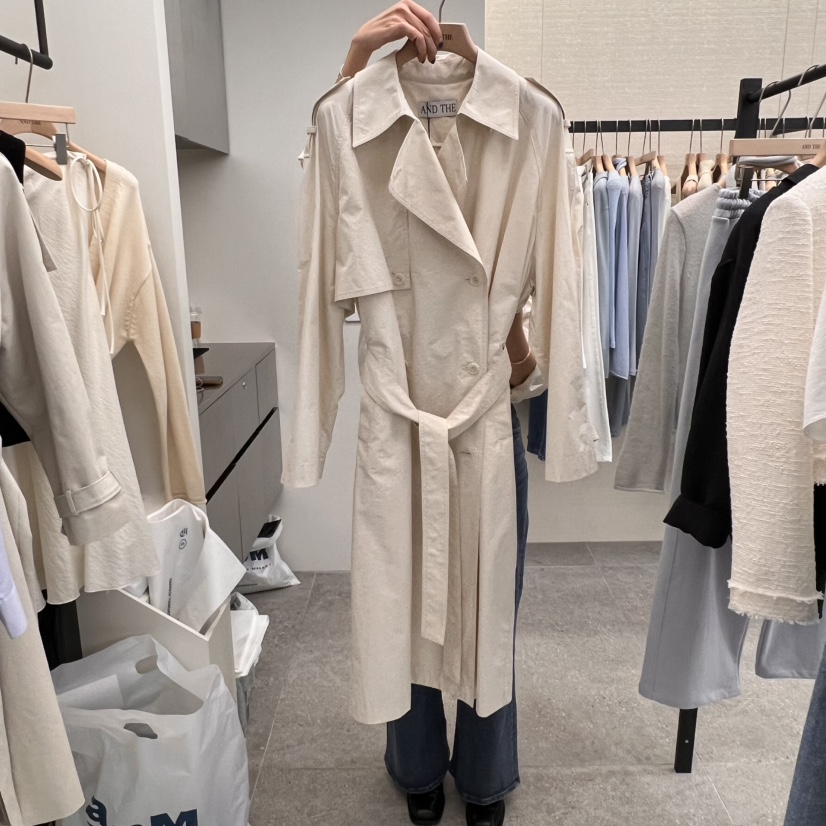 AND THE直郵韓國代購女裝新品職業25春夏熱賣長款風衣含腰帶AND THE長款風衣