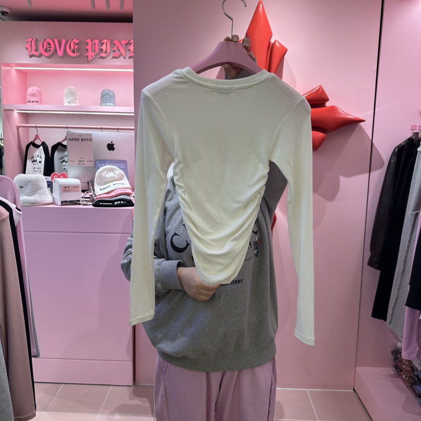 LOVE PINK韓國直郵女裝新款熱賣休閑真品時尚長袖T恤奶油色LOVE PINK長袖T恤