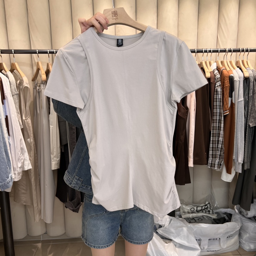 OUS/INCH-L韓國㊣直郵東大門代購女裝新品人氣休閑T恤褶皺OUS/INCHT恤圖色2