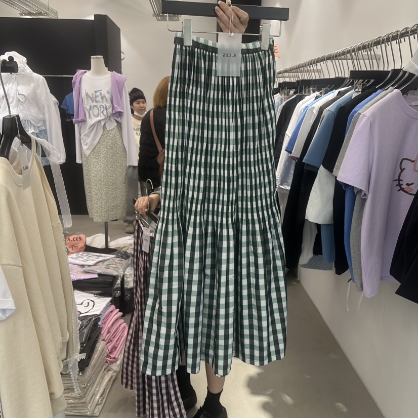 A.CES韓國直郵㊣東大門實拍女裝新品休閑時尚長裙格紋褶皺A.CES長裙圖色2