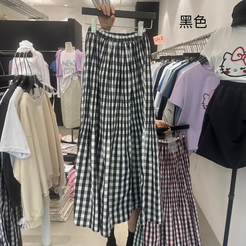 A.CES韓國直郵㊣東大門實拍女裝新品休閑時尚長裙格紋褶皺A.CES長裙圖色3