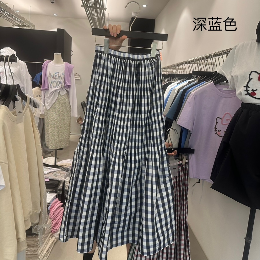 A.CES韓國直郵㊣東大門實拍女裝新品休閑時尚長裙格紋褶皺A.CES長裙圖色4