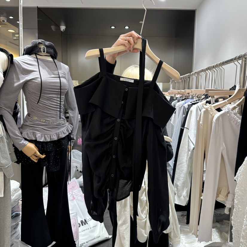 OUR MINUTE韓國㊣直郵東大門代購女裝新品時尚襯衫蕾絲衫含脖帶OUR MINUTE襯衫/蕾絲衫圖色2