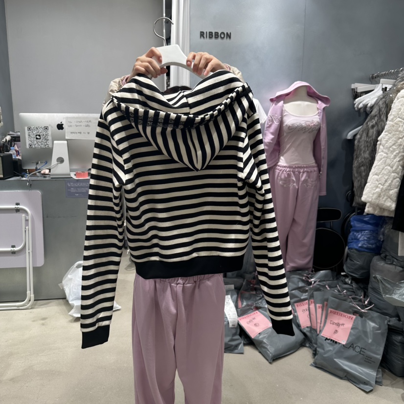 RIBBON韓國直郵女士新品時尚休閑職業25春夏真品衛衣拉鏈連帽RIBBON衛衣