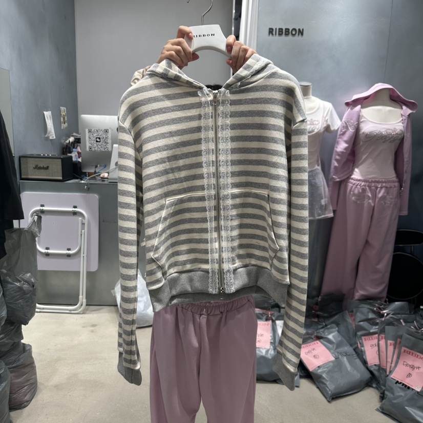 RIBBON韓國直郵女士新品時尚休閑職業25春夏真品衛衣拉鏈連帽RIBBON衛衣圖色2