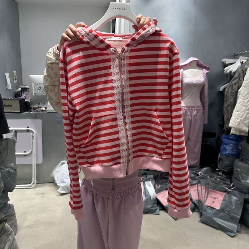 RIBBON韓國直郵女士新品時尚休閑職業25春夏真品衛衣拉鏈連帽RIBBON衛衣圖色3