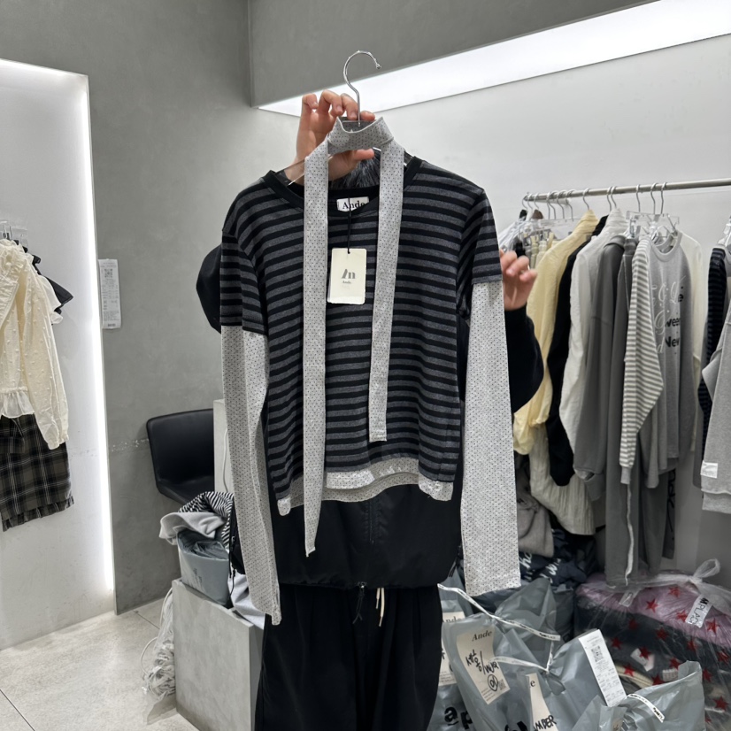 ANDE韓國㊣直郵東大門代購女裝新品時尚職業熱賣長袖T恤含脖帶ANDE長袖T恤