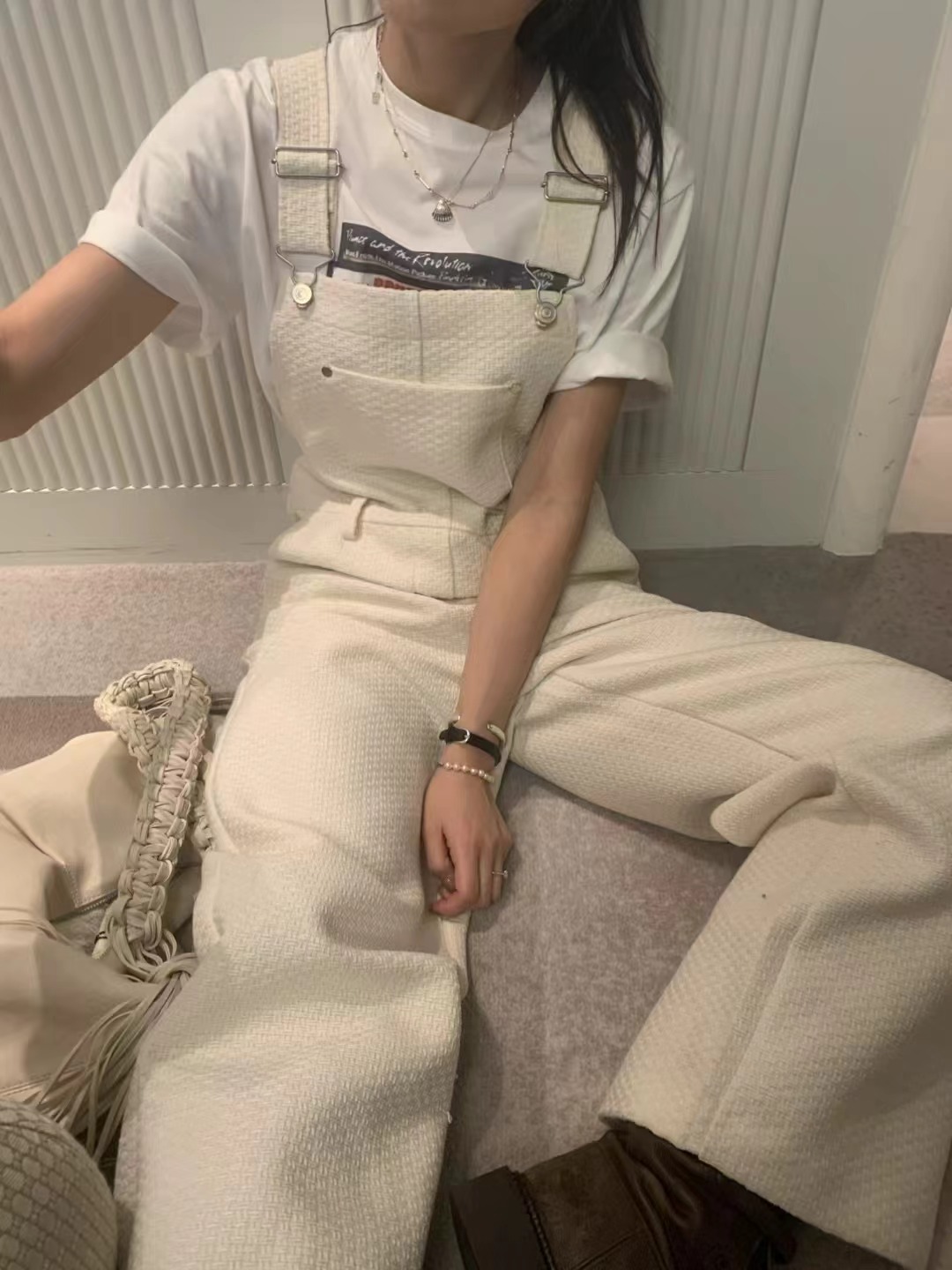 ONDA直郵韓國代購㊣女裝新品熱賣25春夏背帶褲工裝褲粗花呢ONDA背帶褲