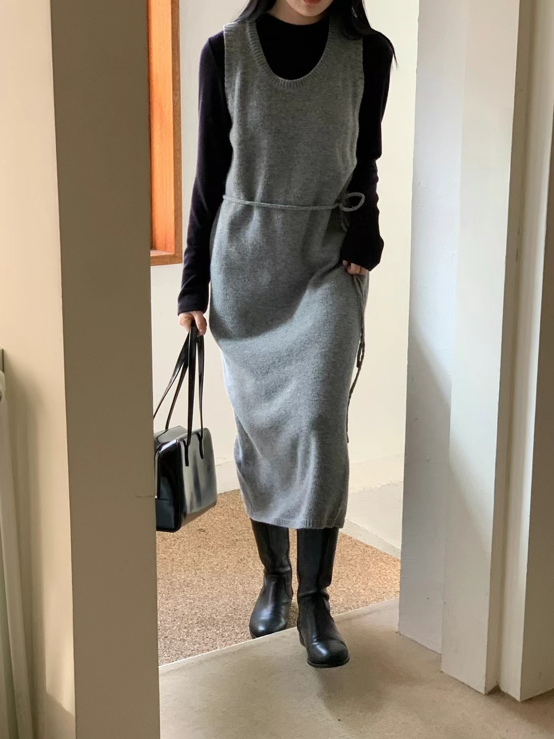 FLAT WHITE東大門直郵女裝新款休閑熱賣真品25春夏連衣裙含腰繩FLAT WHITE連衣裙