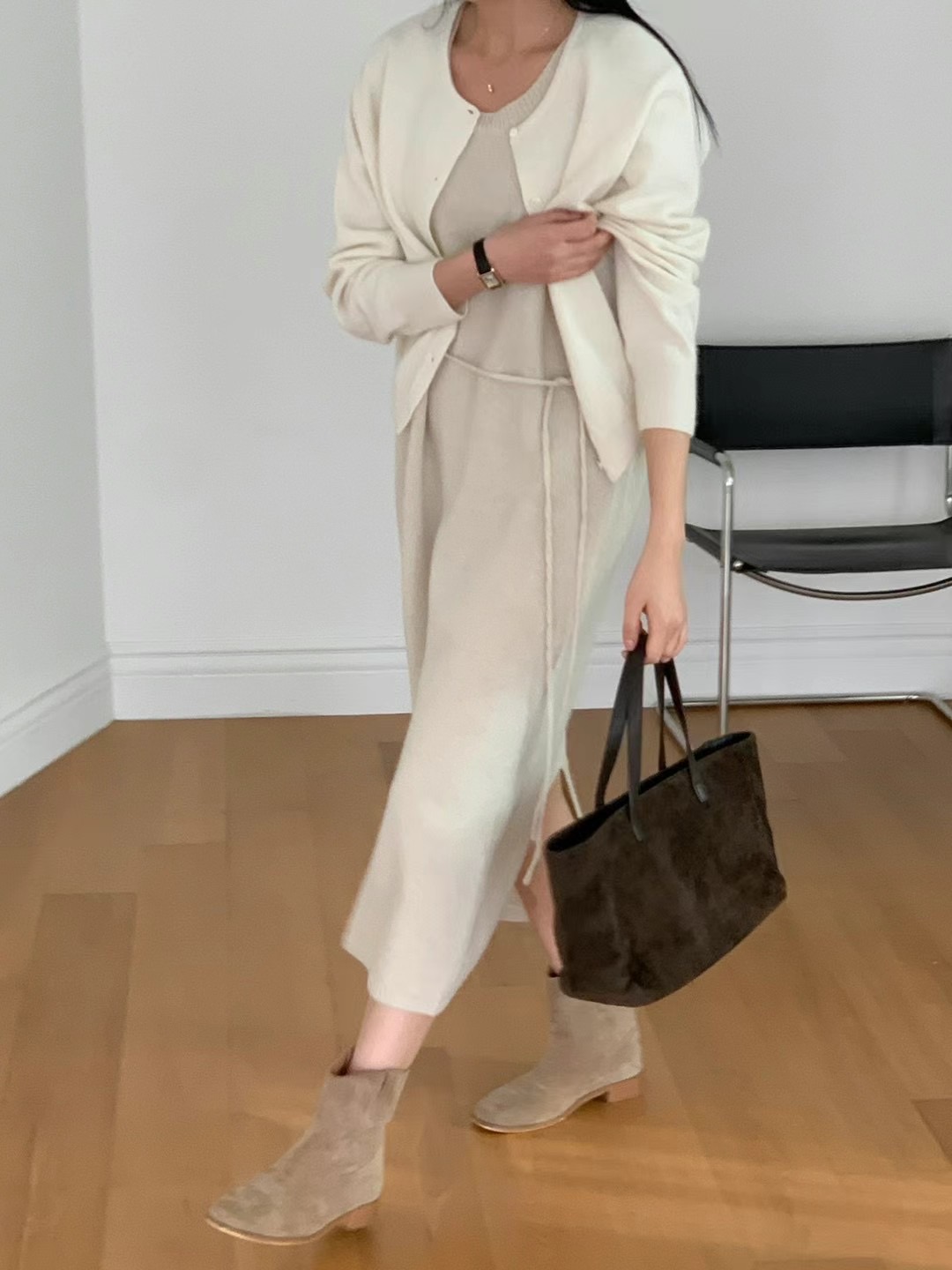 FLAT WHITE東大門直郵女裝新款休閑熱賣真品25春夏連衣裙含腰繩FLAT WHITE連衣裙