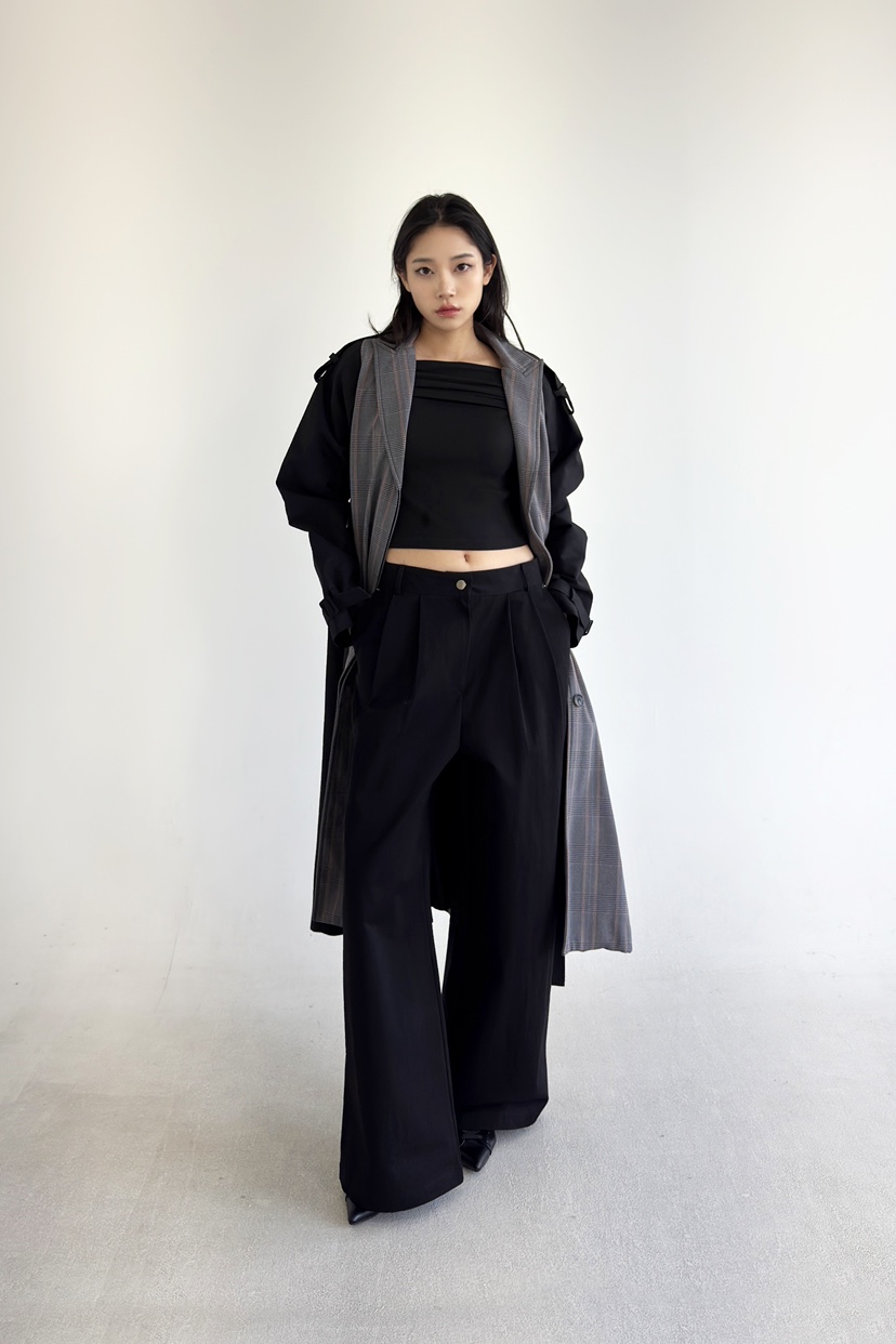 NOV7韓國直郵㊣東大門實拍女裝新品人氣長款風衣含腰帶格紋the ebony eyes/NOV7長款風衣