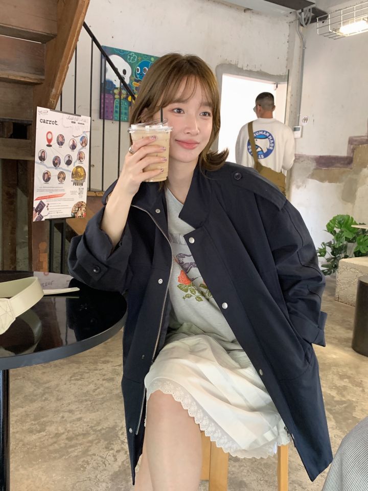 HER東大門實拍女裝新款時尚熱賣休閑職業25春夏長款風衣口袋HER長款風衣