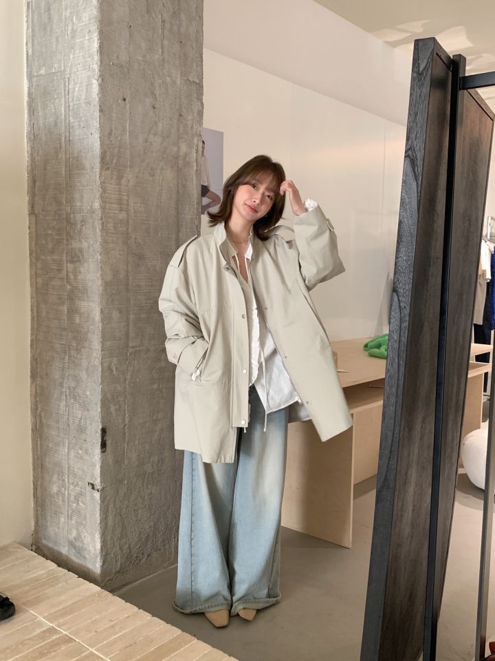 HER東大門實拍女裝新款時尚熱賣休閑職業25春夏長款風衣口袋HER長款風衣